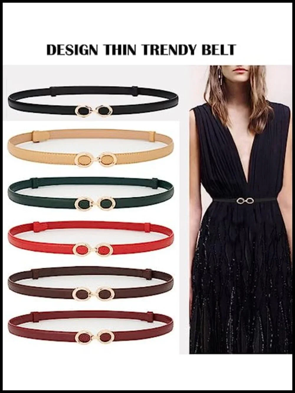 Women's Leather Skinny Belt Adjustable Thin Waist Belt Gold Buckle